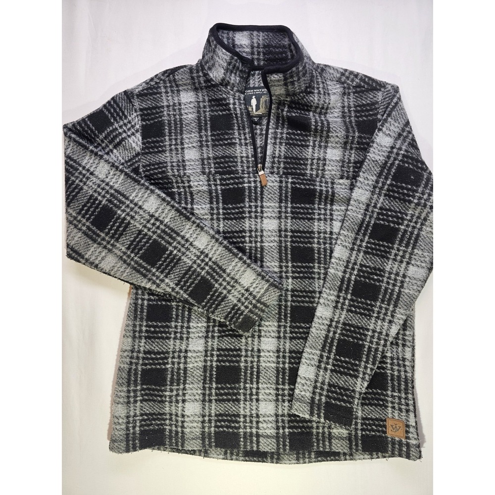 John Wayne Stock & Supply 1/4 Zip Fleece Pullover Men's Size M Black/Gray Plaid